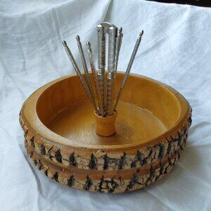 Vintage live edge wood nut bowl with nutcracker and picks rustic handmade